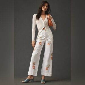 Anthropologie Maeve Colette White Pants with Floral embroidery